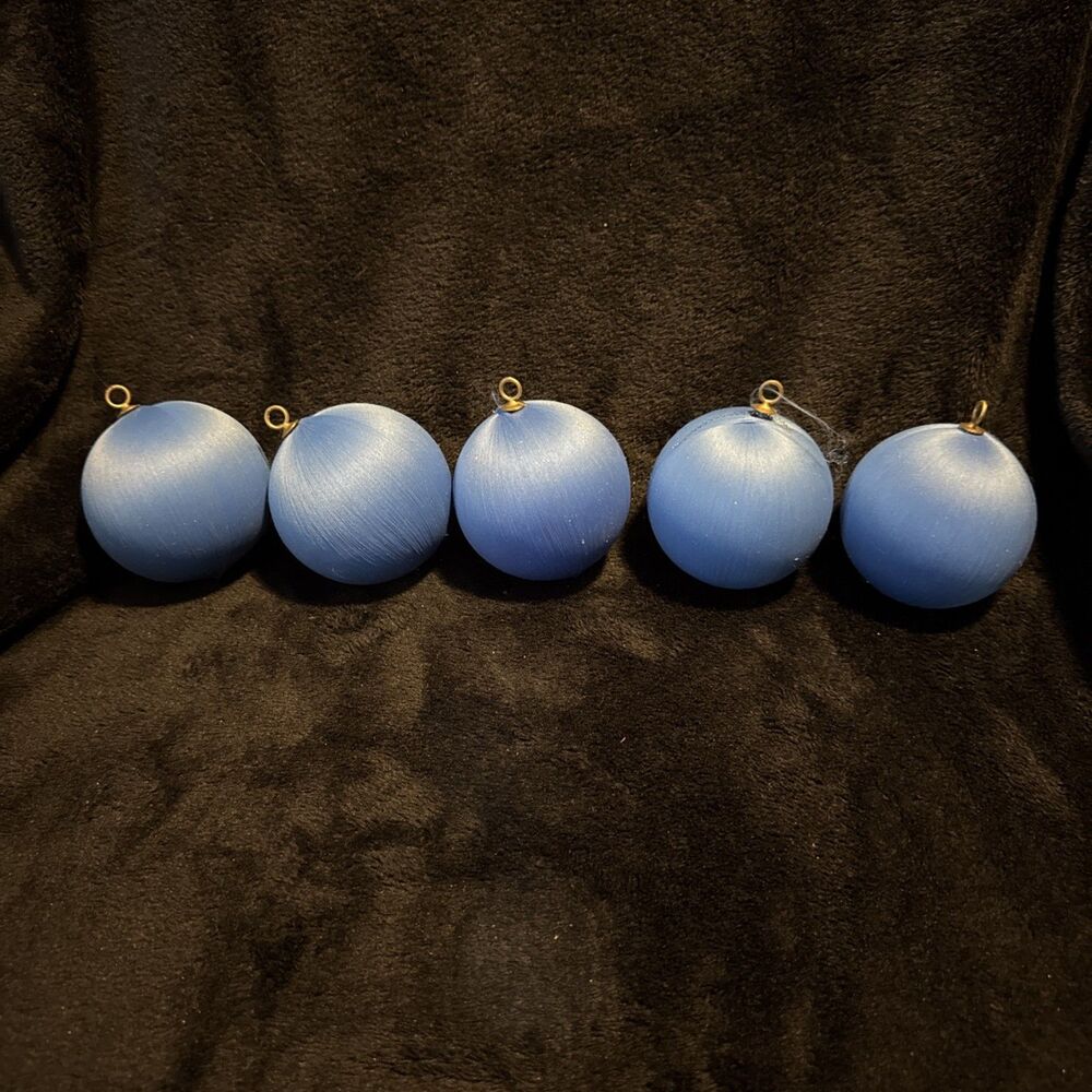 5 Vintage 60s Blue Satin Round Ball Christmas Ornaments Unbreakable
